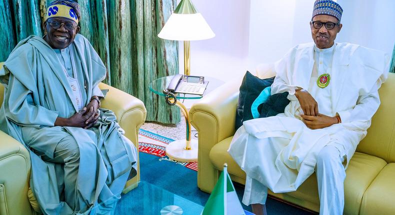 APC National Leader, Asiwaju Bola Tinubu visits President Muhammadu Buhari at State House, Abuja. [Bashir Ahmad/Twitter]