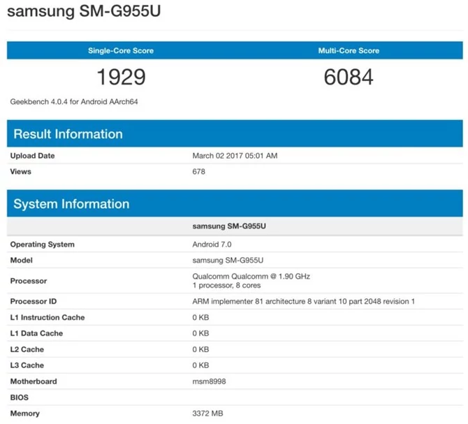 Samsung Galaxy S8+ w Geekbench