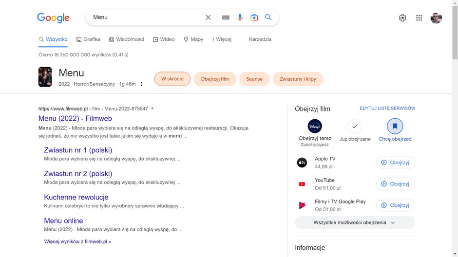 Filmy i seriale wyszukiwane za pomocą Google można dodać do swojej listy rzeczy, które chcemy obejrzeć. Nasze wybory wyświetlą się potem w Bibliotece w Google TV