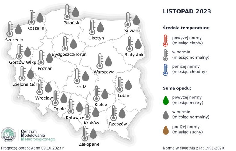 IMGW - prognoza temperatury na listopad 2023