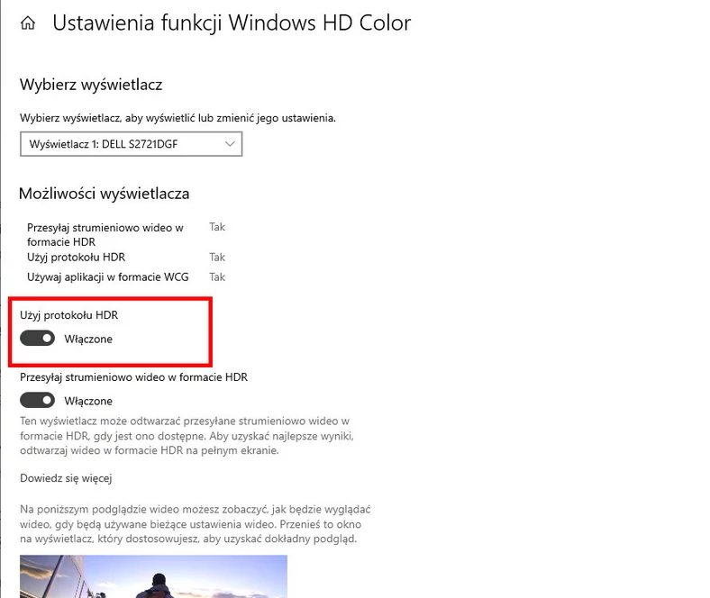 Włączenie HDR w Ustawieniach funkcji Windows HD Color