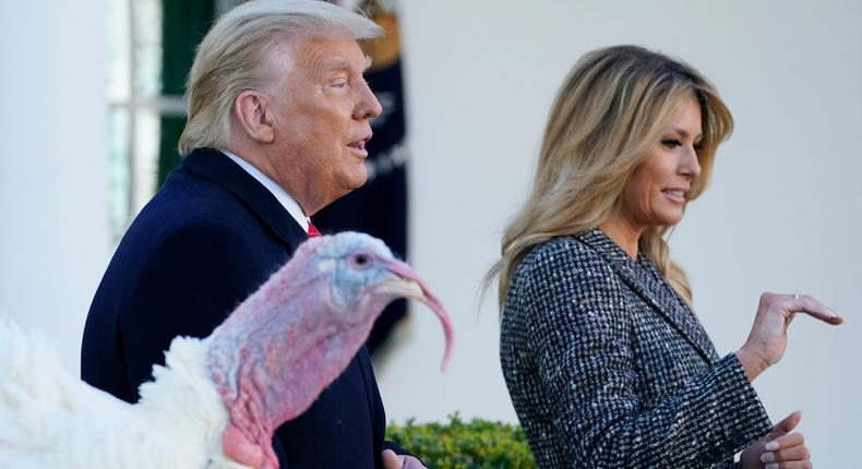 President Donald Trump with first lady Melania Trump after he pardoned Corn the turkey on Tuesday.