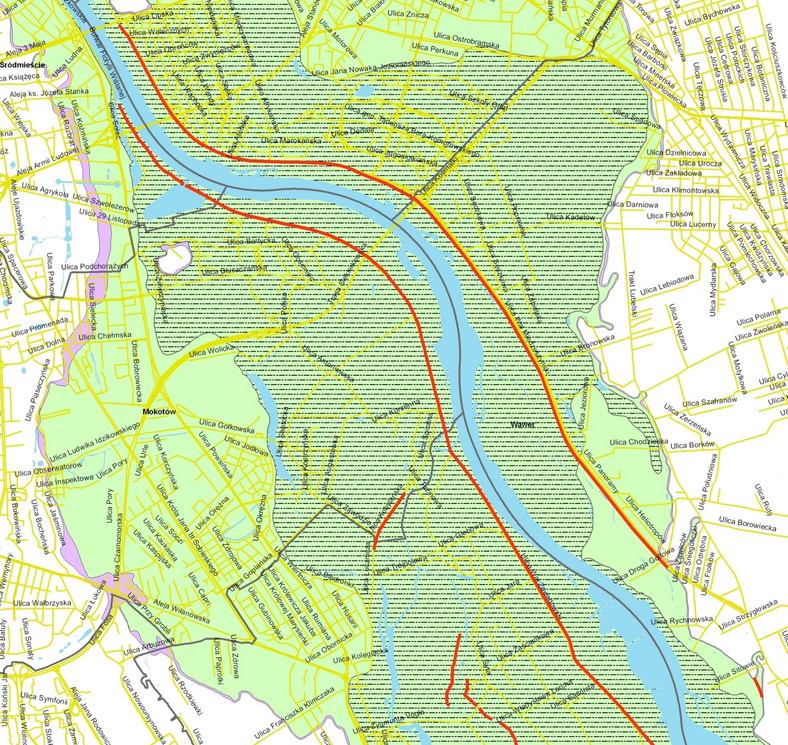 Mapa terenów zalewowych w Warszawie - południe, źródło: Urząd Miasta Stołecznego Warszawy