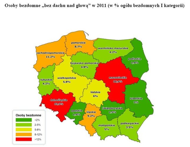 Osoby bezdomne w 2011 roku według województw