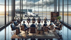 An AI illustration of a diverse group of African billionaires in a corporate boardroom, with an airport and a private jet visible in the background.