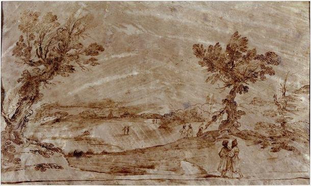 Pejzaż z postaciami w turbanach, ok. 1620–1630, atrament na pergaminie, 230 x 390 mm, Pinacoteca Civica, Cento