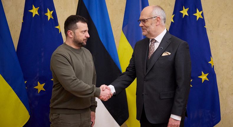 Ukraine's President Volodymyr Zelenskiy and Estonian President Alar Karis shake hands.Ukrainian Presidential Press Service/Handout via REUTERS