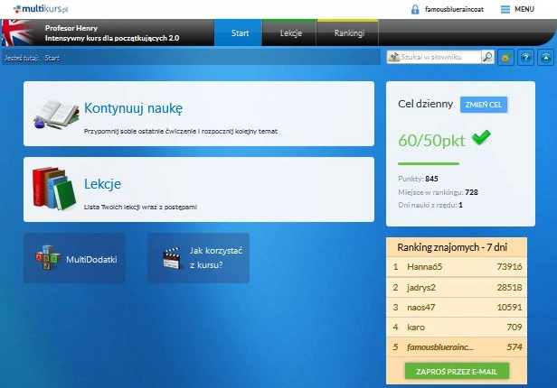 Ekran startowy kursu - tu możemy ustawić cel dzienny, zobaczyć rankingi i wybierać lekcje.