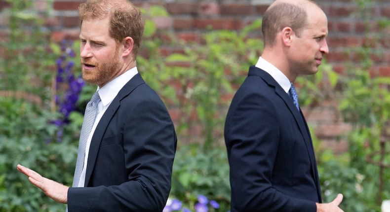 Prince Harry and Prince William at the unveiling of a statue of their mother, Princess Diana, in Kensington Palace, London on July 1, 2021.DOMINIC LIPINSKI/POOL/AFP via Getty Images