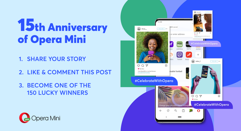 Instructions on how to log into the campaign and take part in the 15th Anniversary Opera Mini 