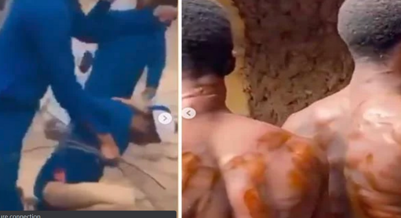 Students of Musbaudeen Islamic School, Ilorin, Kwara State, flogging one of their several colleagues who attended a birthday party where they reportedly took beer. Right: Two of the students showed their backs in the aftermath of the severe beating. (Images from video screenshot by Punch)