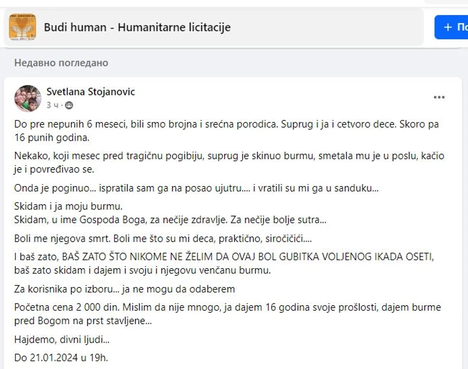 Svetlanin oglas na grupi za licitacije