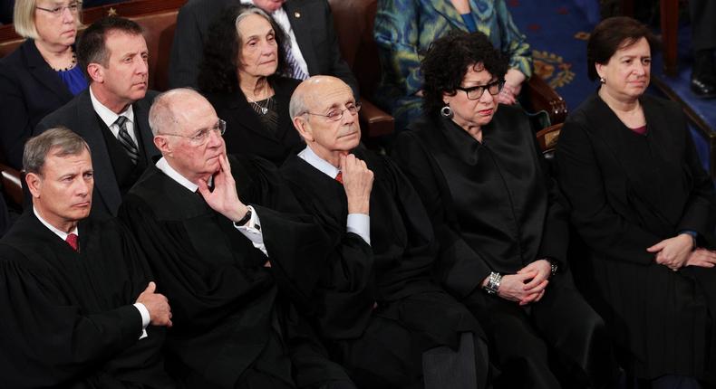 Supreme Court Chief Justice John Roberts, Supreme Court Associate Justice Anthony Kennedy, Supreme Court Associate Justice Stephen Breyer, Supreme Court Associate Justice Sonia Sotomayor and Supreme Court Associate Justice Elena Kagan look on as U.S. President Donald Trump addresses a joint session of the U.S. Congress on February 28, 2017 in the House chamber of the U.S. Capitol in Washington, DC. Trump's first address to Congress focused on national security, tax and regulatory reform, the economy, and healthcare.