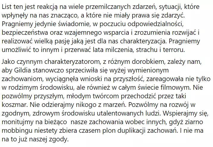 Autorki podkreślają, że list stanowi sygnał do zmian w środowisku, a &quot;zemsta i lincz&quot; nie są ich intencją / Facebook