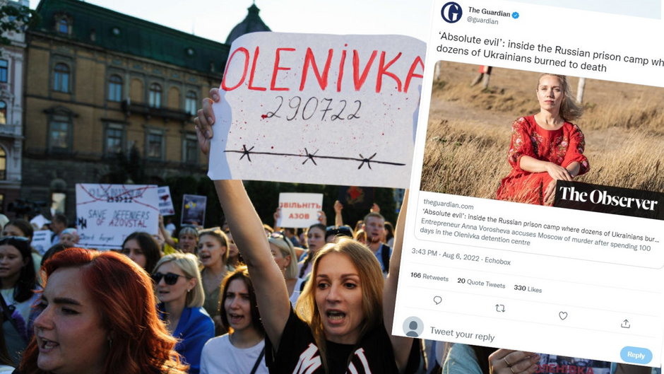 Nie milkną protesty po ataku na Ołeniwkę przeprowadzonym 29 lipca 2022 r. (Fot. Twitter/@guardian)