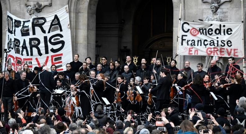 Musicians perform at the Paris Opera in support of the strike against President Emmanuel Macron's pension reforms.