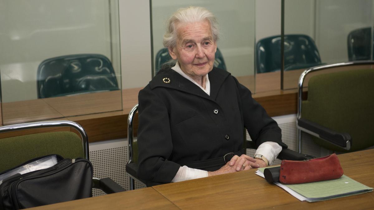 Ursula Haverbeck, accused of denying the holocaust, sits in a courtroom in Berlin