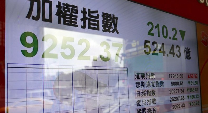 People walk past  in front of a monitor showing stock market prices in Taipei, Taiwan, June 29, 2015.    REUTERS/Pichi Chuang