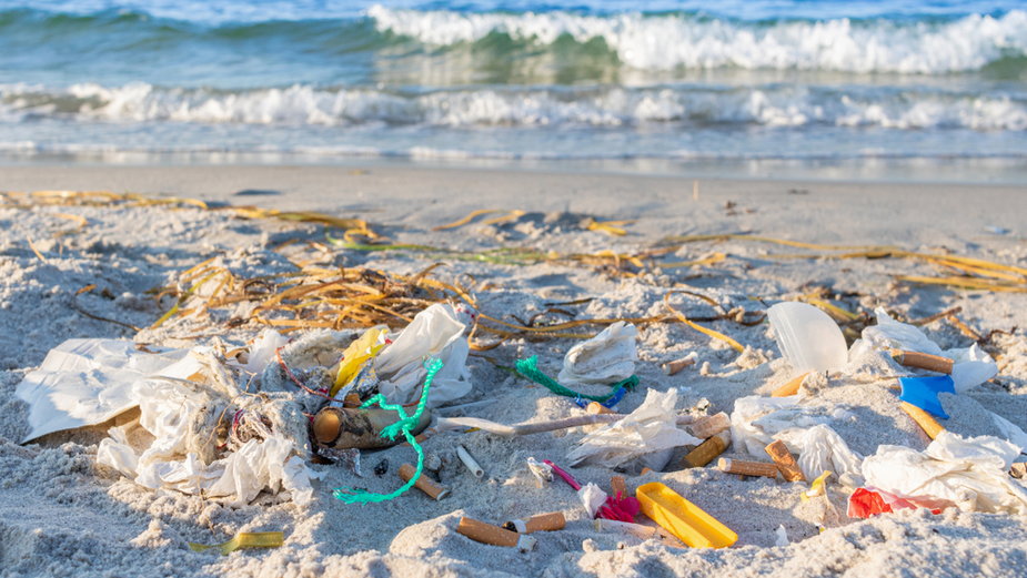 Wyrzucone przez morze śmiecie na plaży 