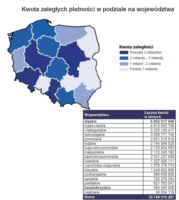 Kwota zaległych płatności w podziale na województwa. Źródło: BIG InfoMonitor