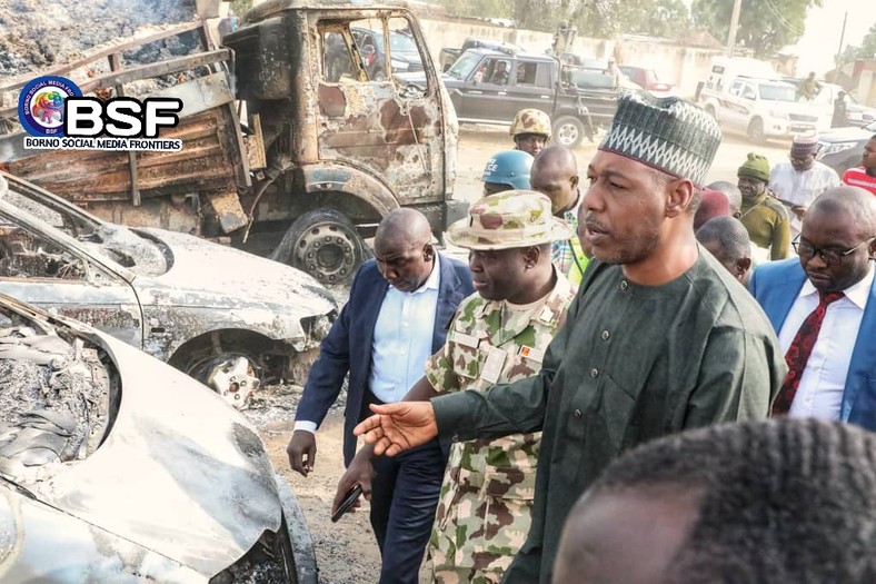 Governor Babagana Zulum of Borno, on Monday, February 10, visited the scene, where Boko Haram terrorists attacked passengers and burnt down vehicles. [Dogo Shettima/Twitter]