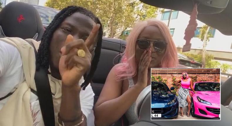 Stonebwoy and DJ Cuppy in her new Ferrari