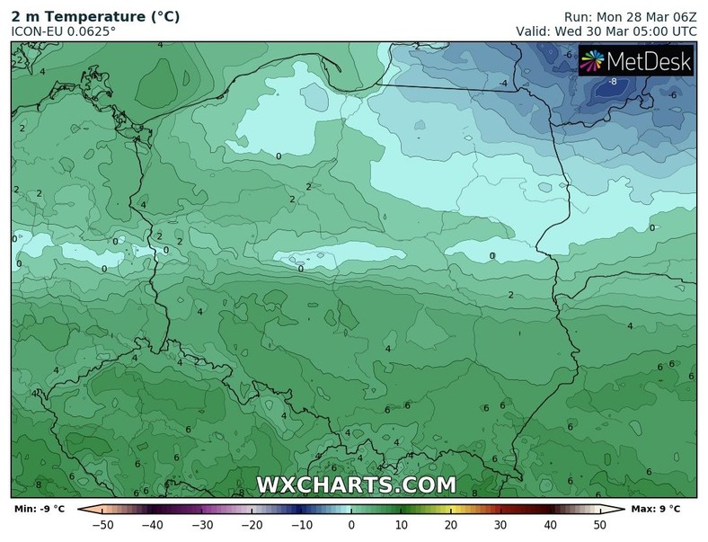 Na północnym wschodzie nad ranem będzie kilka stopni mrozu