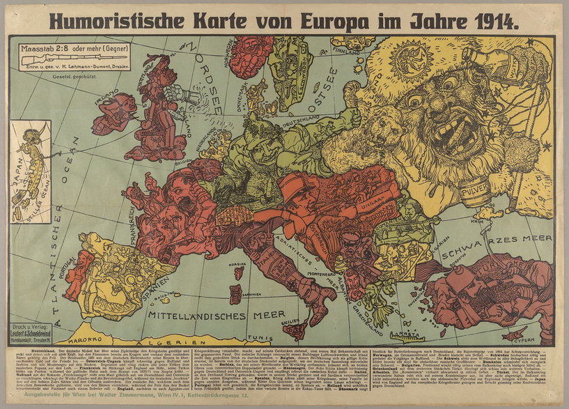 Rysunkowa mapa Europy w 1914 roku, początek I wojny światowej