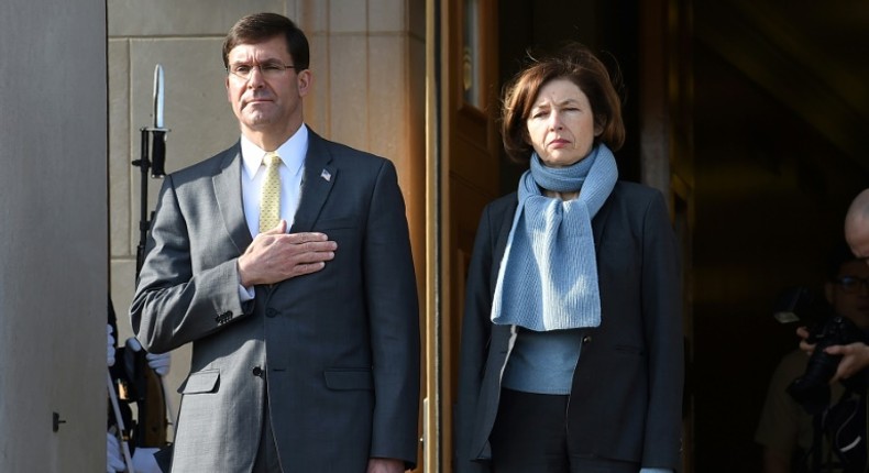 US Secretary of Defense Mark Esper welcomes France's Defence Minister Florence Parly during an honor cordon at the Pentagon