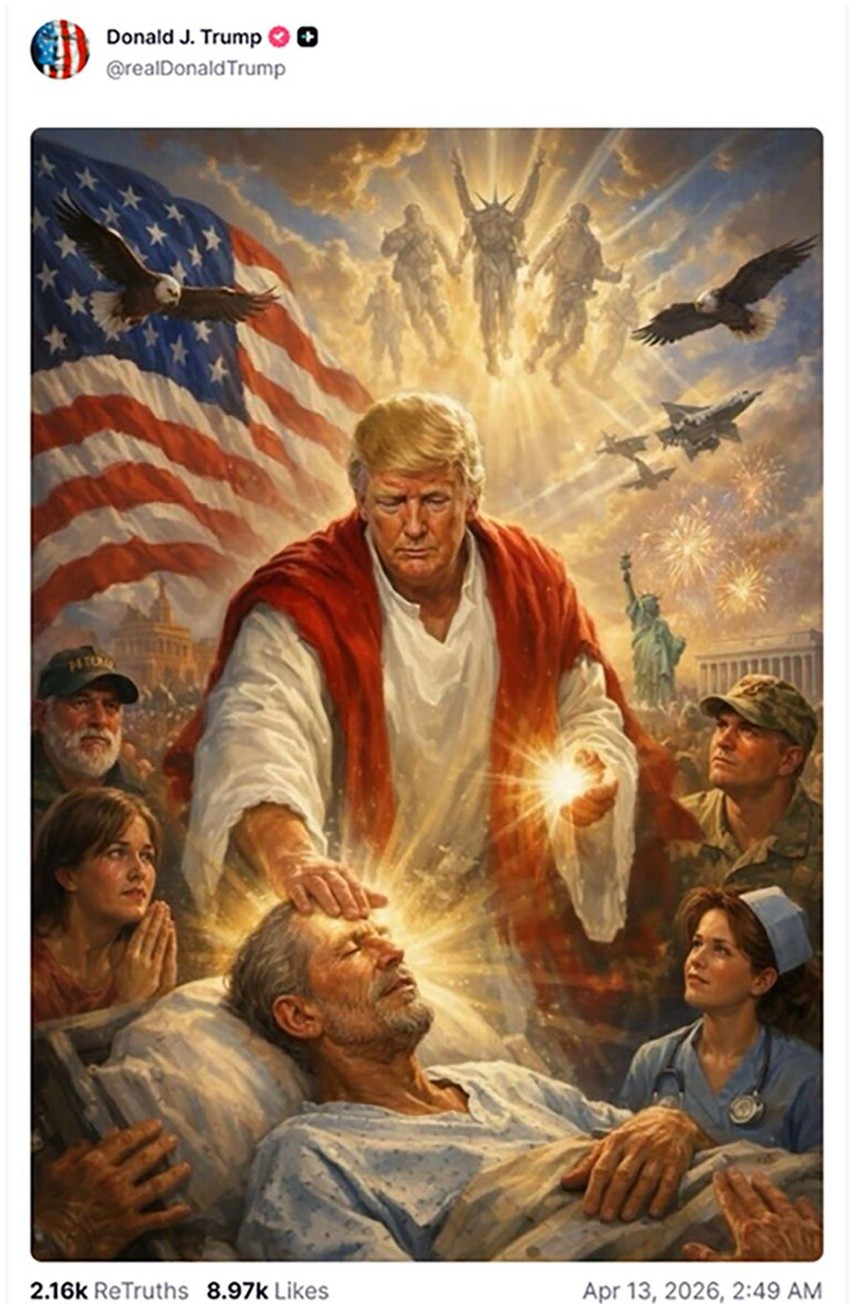 Tramp je objavio, a potom obrisao, sliku generisanu veštačkom inteligencijom koja ga prikazuje kao figuru sličnu Isusu, što je izazvalo kritike verskih vođa i komentatora | Foto: Social media