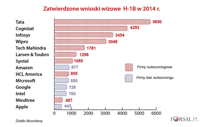 Jednym z powodów, dla którego program wiz pracowniczych H-1B jest tak krytykowany, jest rozrost branży outsourcingowej. Firmy takie jak indyjskie Wipro Ltd. i Cognizant Technology Solutions działające w USA, przejmują zarządzanie systemami technologicznymi korporacji w Stanach Zjednoczonych, Europie i Azji. 
<br><br>
Dzięki programowi wiz pracowniczych firmy zagraniczne przenoszą personel do USA, szkolą go w działach technologicznych wiodących korporacji, a następnie odsyłają z powrotem do kraju pochodzenia firmy, gdzie koszty wynagrodzenia i utrzymania są nieporównywalnie niższe. 
<br>
W takim właśnie modelu działania przodują przedsiębiorstwa z Indii. To właśnie firmy outsourcingowe z tego kraju są głównymi beneficjentami programu wizowego. Otrzymują one znacznie więcej wiz niż tradycyjne firmy technologiczne. Przykładowo w 2014 r. firma Tata Consultancy Services Ltd. otrzymała 5,65 tys. wiz H-1B, podczas gdy Amazon, który w tym czasie miał najwięcej wiz wśród amerykańskich firm nie korzystających z usług zewnętrznych, uzyskał tylko 877 wiz.