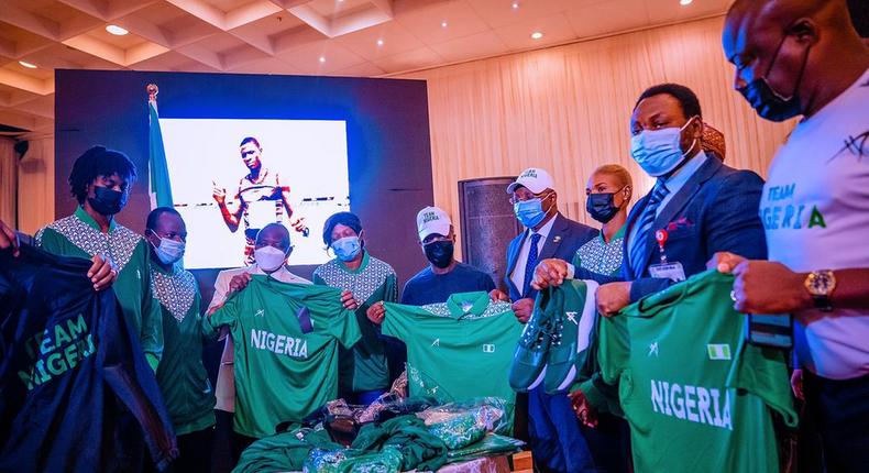 Vice President Yemi Osinbajo SAN on behalf of President Buhari unveils Team Nigeria's 2021 Olympic Kit and attends the send forth ceremony for the athletes en-route the 2021 Tokyo Olympic Games at the State House Banquet Centre, Abuja. 12th July, 2021. Photo; Tolani Alli