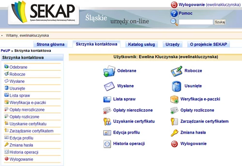 Korzystanie z systemu SEKAP wymaga logowania. Potem można już korzystać z własnej skrzynki kontaktowej, w której przechowywane są wszystkie informacje.