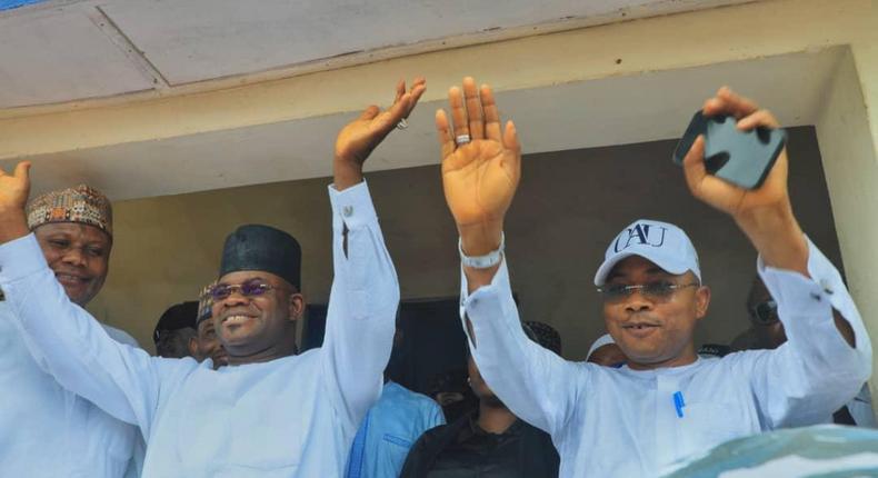 Gov. Yahaya Bello of Kogi (L), and Usman Ododo (R), the APC Aspirant and the Governor ‘s preferred candidate during the Primary election on Friday at Aggassa Ward in Okene