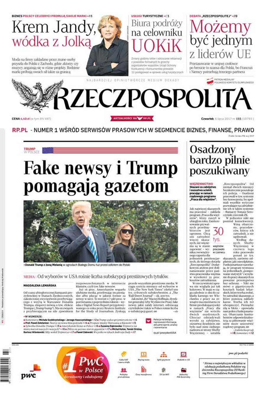 "Rzeczpospolita" przy okazji wizyty prezydenta Trumpa zauważa, że zarówno on, jak i fake news przyczyniają się do wzrostu liczby prenumerat prestiżowych tytułów