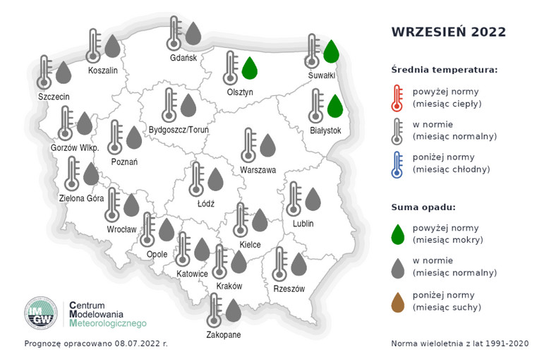 Prognoza średniej miesięcznej temperatury powietrza i miesięcznej sumy opadów atmosferycznych na wrzesień 2022 r. dla wybranych miast w Polsce
