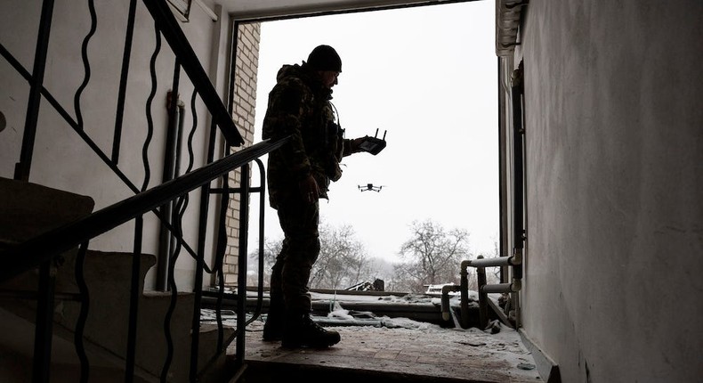 A drone operator with the Ukrainian Army's 93rd Brigade launches a DJI Mavic 3 drone on February 18, 2023 in Bakhmut, Ukraine.John Moore/Getty Images