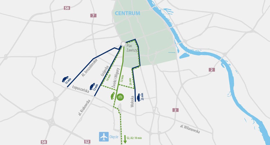 Niezaprzeczalnym atutem pracy w biurowcu jest bliskość tras szybkiego ruchu. Dojazd samochodem z Business Garden drogą S79 do sieci dróg krajowych zajmuje 5 minut.