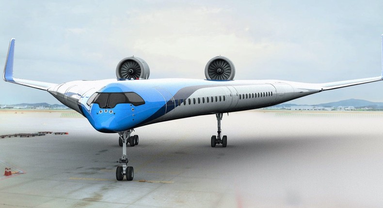 A rendering of KLM Royal Dutch Airlines' Flying-V aircraft.