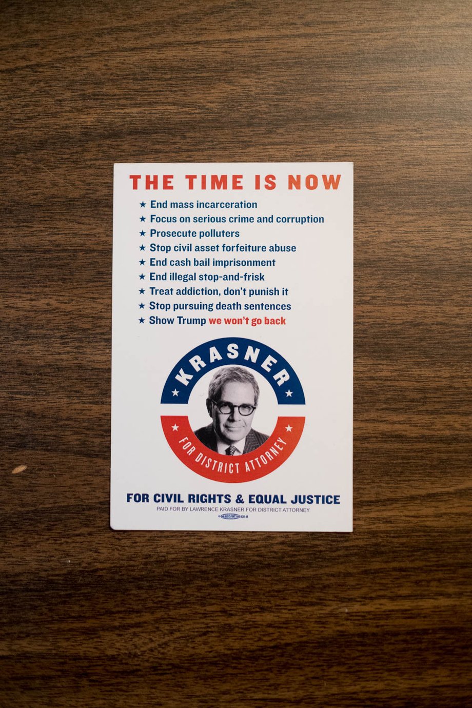 A campaign card on a Krasner campaign staffer's desk.