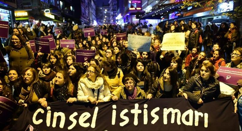 Turkish women protest in Istanbul against a proposed bill that would overturn men's convictions for child sex assault if they married their victim