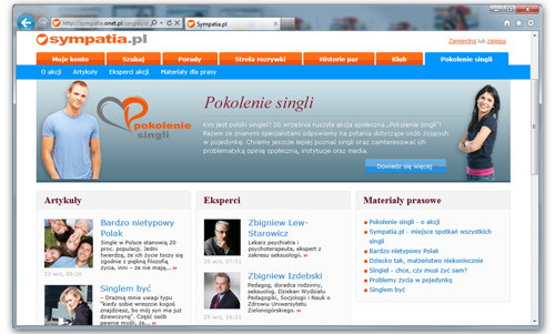 Sympatia.pl promuje się hasłem Pokolenie Singli. Pokolenie musi być spore - w serwisie jest ponad 4 mln zarejestrowanych profili 