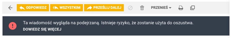 Gdy przy mailu wyświetlana jest taka informacja, należy zachować czujność