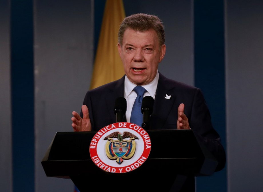 Colombia's President Santos talks during a news conference after a meeting with Colombian former President and current Senator Alvaro Uribe at Narino Palace in Bogota, Colombia.