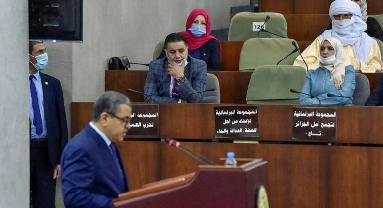 Algerian Prime Minister Abdelaziz Djerad addresses parliament members during a voting session on constitutional reforms in the capital Algiers, on September 10, 2020