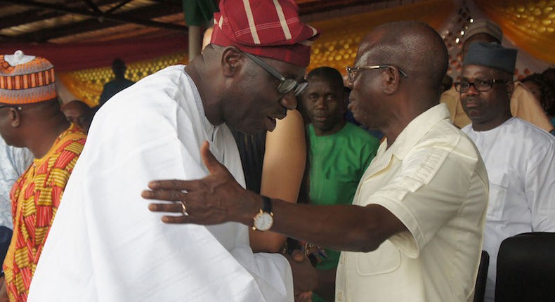 Governor Godwin Obaseki (left) is battling for a second term while at loggerheads with his former ally, Adams Oshiomhole (right), who is currently the national chairman of All Progressives Congress (APC) [ThisDay]