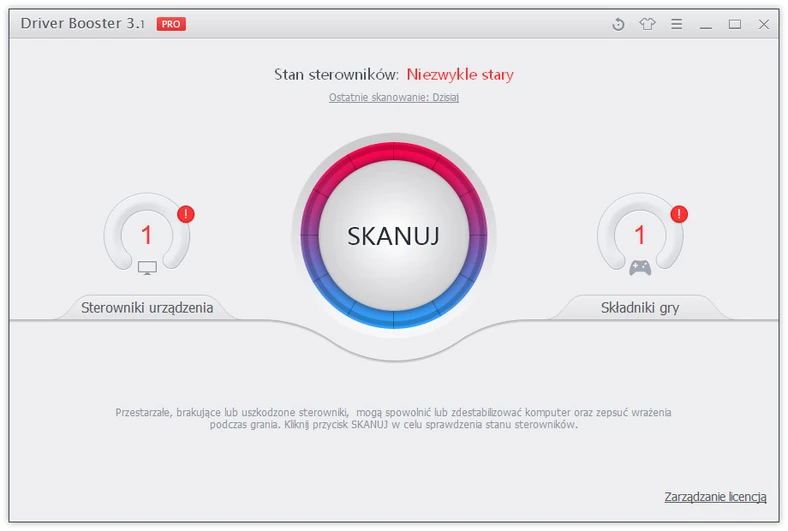 Główne okno programu do aktualizacji sterowników w Windows - Driver Booster Pro