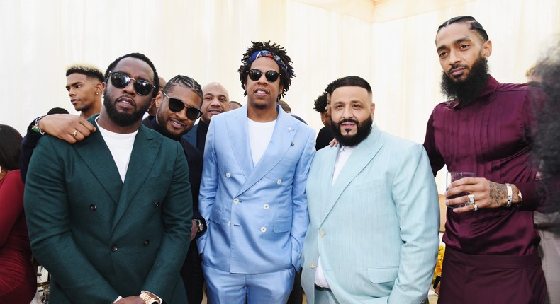 Diddy, Usher, Jay-Z, DJ Khaled, and Nipsey Hussle photographed at a 2019 Roc Nation event.Kevin Mazur/Getty Images for Roc Nation