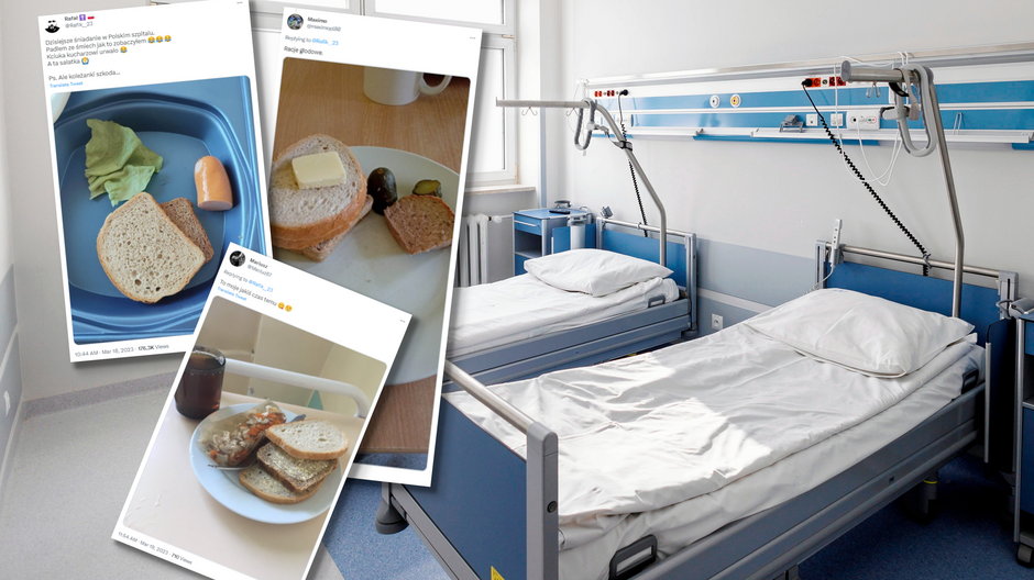 Zdjęcia posiłków z polskich szpitali. W tle fotografia ilustracyjna szpitalnych łóżek