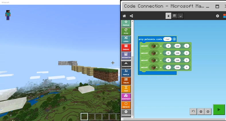 Ekran platformy MakeCode, której połączenie z grą Minecraft możliwe jest dzięki programowi CodeConnect. Po prawej stronie widoczny jest kod, po lewej część obiektu, który został wygenerowany dzięki programowaniu